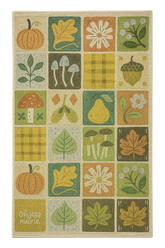 Machine washable fall rug with pumpkins, acorns, and autumn leaves.